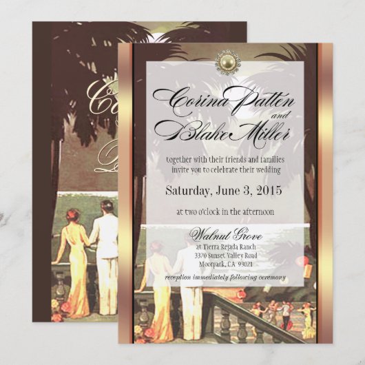 Art Deco Faux Vellum Metallic Champagne Huwelijk Kaart (Voorkant / Achterkant)