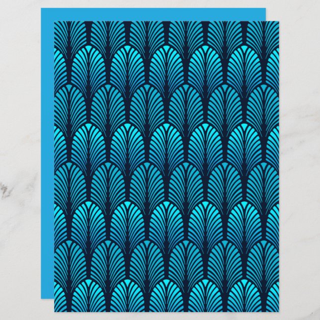 Art Deco Feather Pattern, Cerulean Blue (Voorkant / Achterkant)