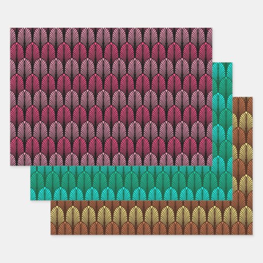 Art Deco Feather Pattern, Fuchsia, Aqua & Brown Inpakpapier Vel (Set)