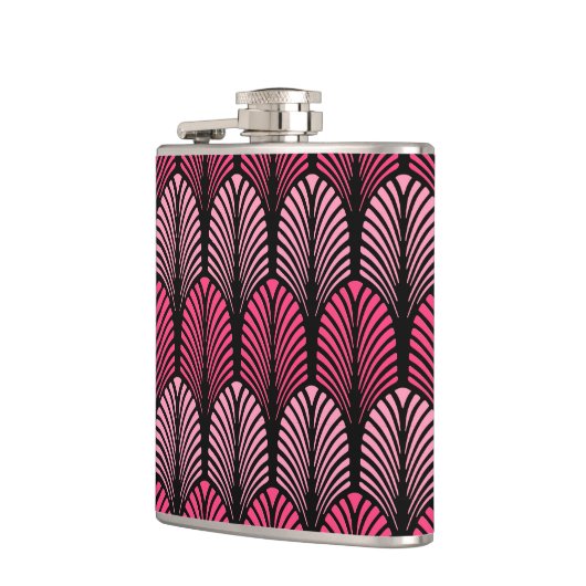 Art Deco Feather Pattern, Fuchsia Pink en Black Heupfles (Links)