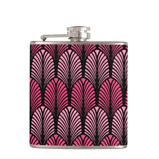 Art Deco Feather Pattern, Fuchsia Pink en Black Heupfles (Voorkant)