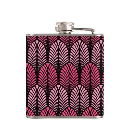 Art Deco Feather Pattern, Fuchsia Pink en Black Heupfles (Achterkant)