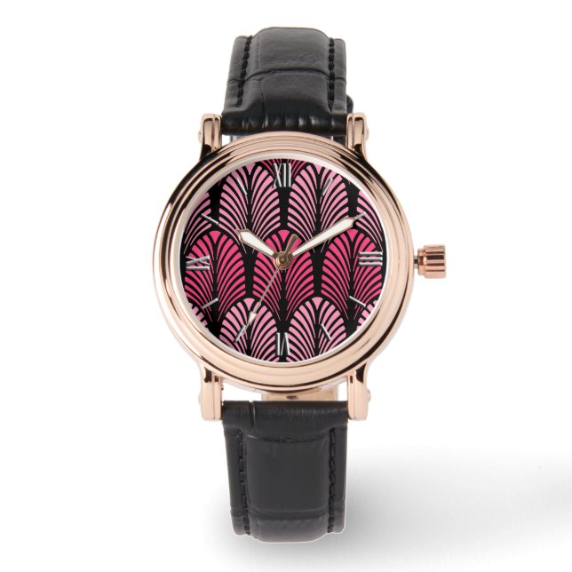 Art Deco Feather Pattern, Fuchsia Pink en Black Horloge (Voorkant)