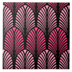 Art Deco Feather Pattern, Fuchsia Pink en Black Tegeltje