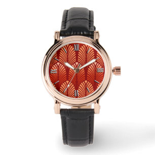 Art Deco Feather Pattern, Mandarijns Oranje Horloge