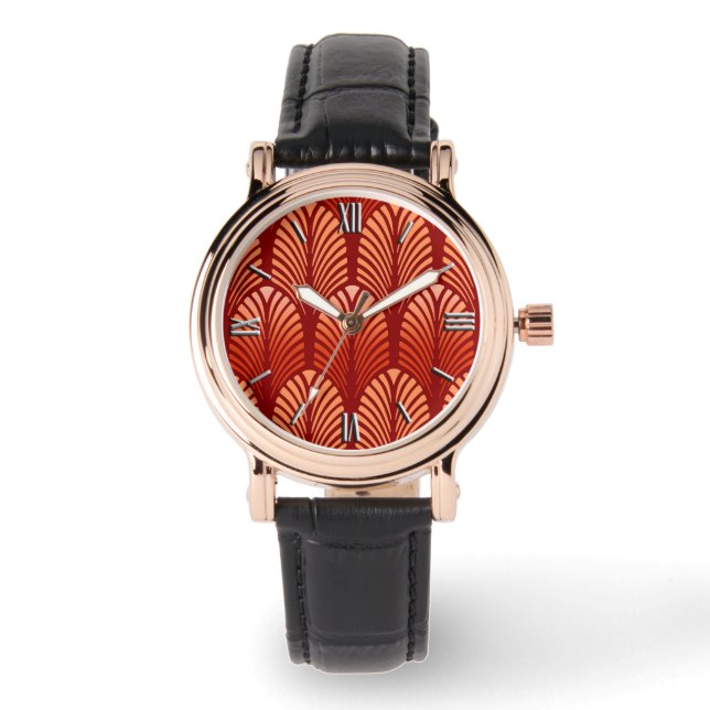 Art Deco Feather Pattern, Mandarijns Oranje Horloge (Voorkant)