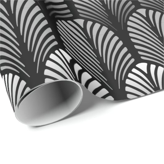 Art Deco Feather Pattern, Silver Grey en Black Cadeaupapier (Rol Hoek)