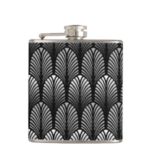 Art Deco Feather Pattern, Silver Grey en Black Heupfles