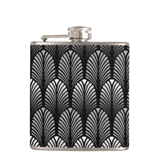 Art Deco Feather Pattern, Silver Grey en Black Heupfles (Voorkant)