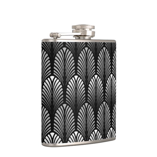 Art Deco Feather Pattern, Silver Grey en Black Heupfles (Rechts)