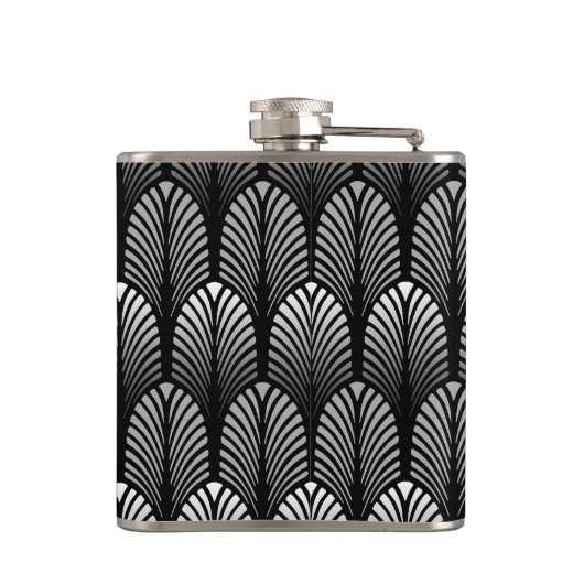 Art Deco Feather Pattern, Silver Grey en Black Heupfles (Achterkant)