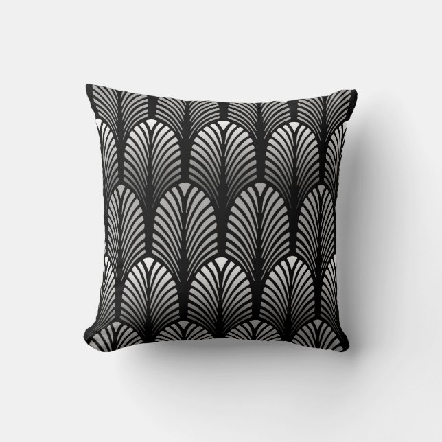 Art Deco Feather Pattern, Silver Grey en Black Kussen (Voorkant)