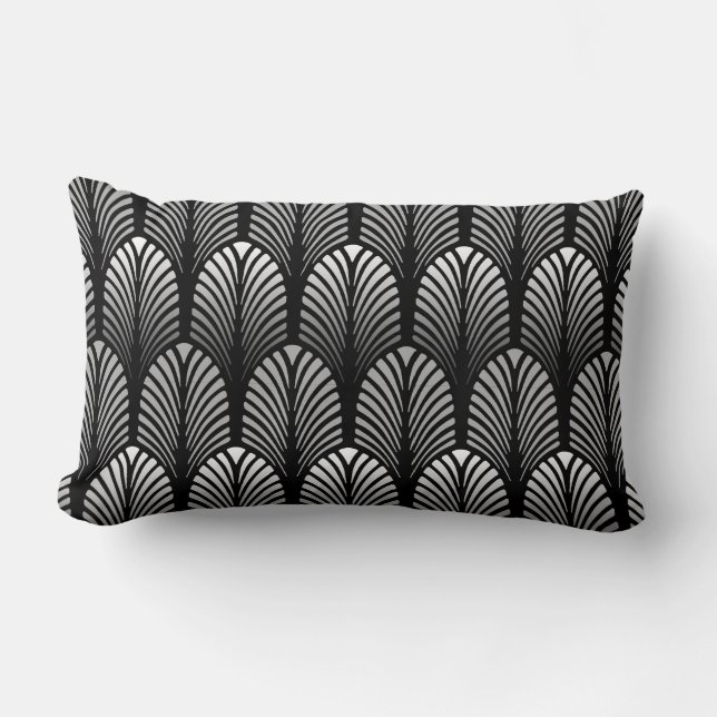 Art Deco Feather Pattern, Silver Grey en Black Kussen (Voorkant)