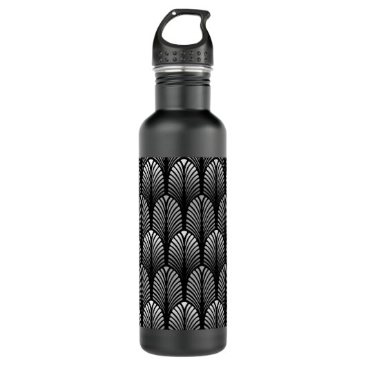 Art Deco Feather Pattern, Silver Grey en Black Waterfles (Voorkant)