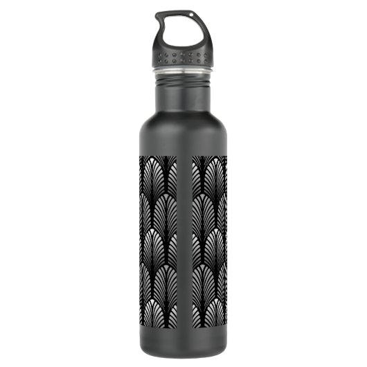 Art Deco Feather Pattern, Silver Grey en Black Waterfles (Achterkant)