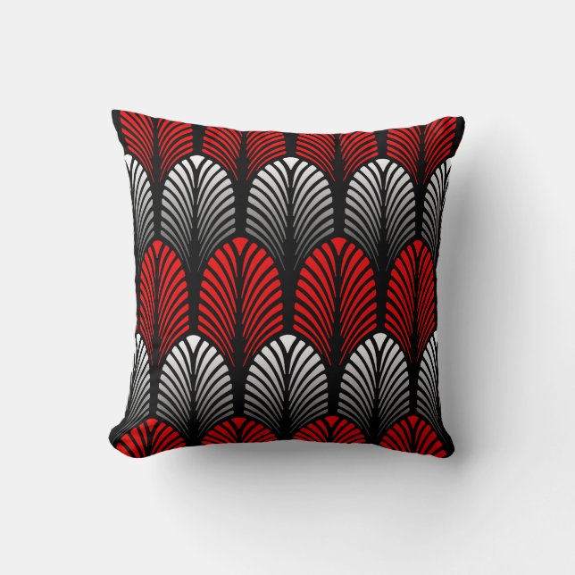 Art Deco Feather Pattern, Silver Grey en Red Kussen (Voorkant)