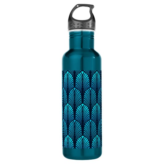 Art Deco Feather Pattern, Turquoise en Navy Waterfles (Voorkant)
