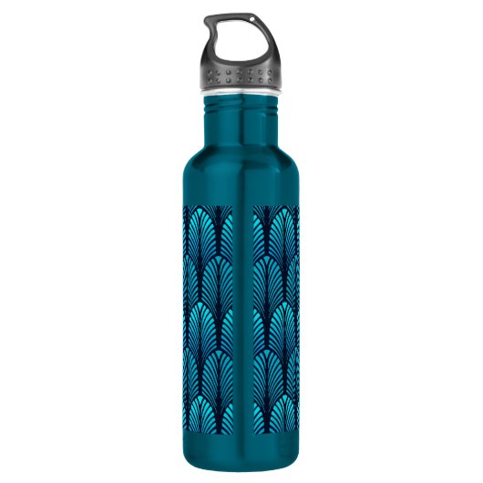Art Deco Feather Pattern, Turquoise en Navy Waterfles (Achterkant)