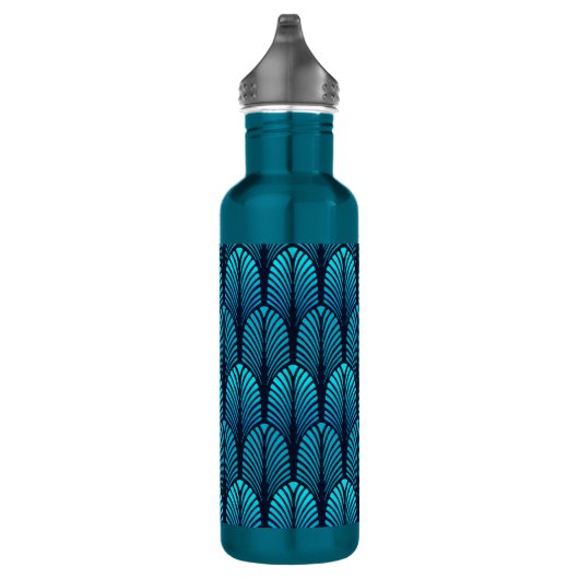 Art Deco Feather Pattern, Turquoise en Navy Waterfles (Rechts)