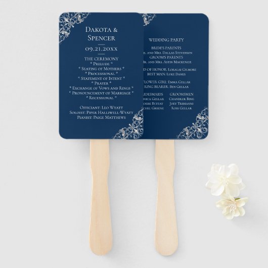 Art Deco Filigree | Navy Blauw Zilver Grijs Progra Handwaaier (Voorkant en achterkant)