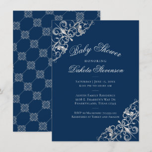 Art Deco Filigree   Silver Navy Blue Baby shower Kaart