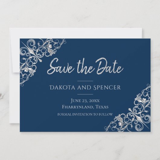 Art Deco Filigree | Zilvergrijs en marineblauw Save The Date (Voorkant)