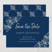 Art Deco Filigree | Zilvergrijs en marineblauw Save The Date (Voorkant / Achterkant)