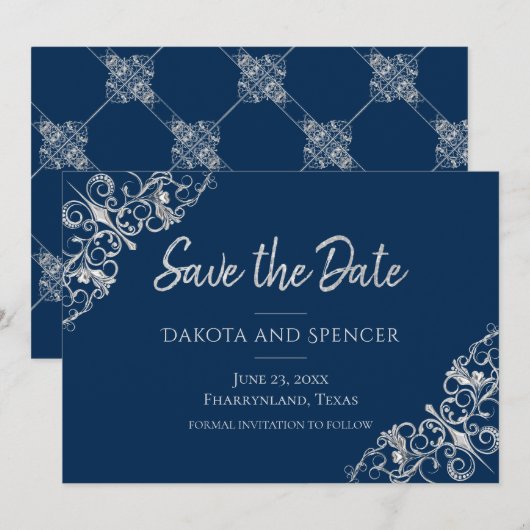 Art Deco Filigree | Zilvergrijs en marineblauw Save The Date (Voorkant / Achterkant)
