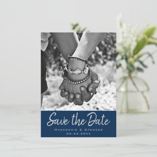 Art Deco Filigree | Zilvergrijs op marineblauwe fo Save The Date (Staand voorkant)