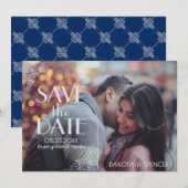 Art Deco Filigree | Zilvergrijs op marineblauwe fo Save The Date (Voorkant / Achterkant)