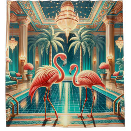 "Art Deco Flamingo Interieur - Levendige Retro Art Douchegordijn