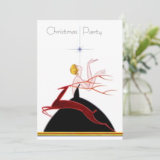 Art Deco Flapper en Hert Kerstfeestje Kaart (Staand voorkant)