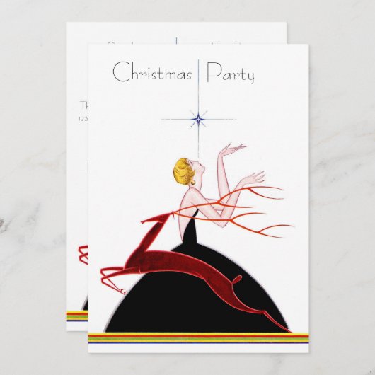 Art Deco Flapper en Hert Kerstfeestje Kaart (Voorkant / Achterkant)