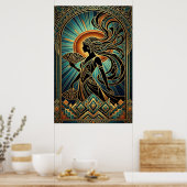 Art Deco Flapper Vrouw Portret Goud Teal Poster (Keuken)