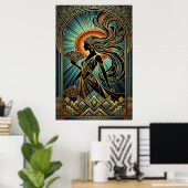 Art Deco Flapper Vrouw Portret Goud Teal Poster (Thuiskantoor)