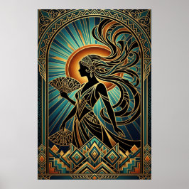 Art Deco Flapper Vrouw Portret Goud Teal Poster