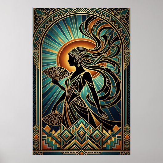 Art Deco Flapper Vrouw Portret Goud Teal Poster (Voorkant)