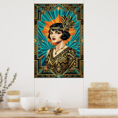 Art Deco Flapper Vrouw Portret Goud Teal Poster (Keuken)