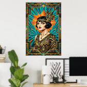Art Deco Flapper Vrouw Portret Goud Teal Poster (Thuiskantoor)