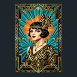 Art Deco Flapper Vrouw Portret Goud Teal Poster<br><div class="desc">Vang de essentie van de Roaring Twenties met dit opvallende Art Deco-portret. Met een verfijnde flapper met een geometrische boblijn en een luxueus hoofdtooi met veren, staat ze tegen een stralende oranje zon en een diep tealblauwe waaier als achtergrond. Omlijst door ingewikkelde zwarte en gouden geometrische randen is dit stuk...</div>