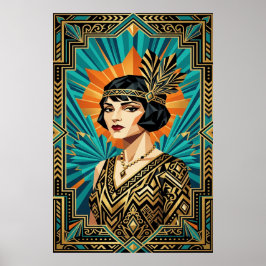Art Deco Flapper Vrouw Portret Goud Teal Poster