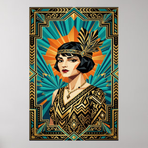 Art Deco Flapper Vrouw Portret Goud Teal Poster