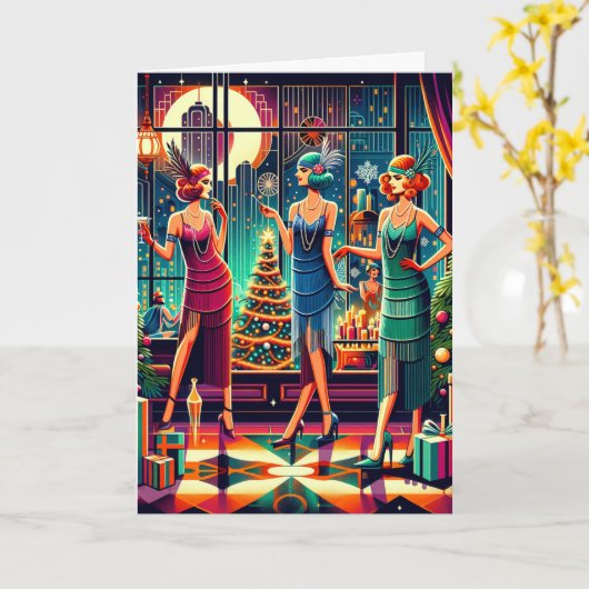 Art Deco Flappers Kerstmis Kaart (Gele Bloem)