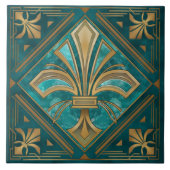 Art Deco Fleur-de-lis - Aquamarijn en goud Tegeltje (Voorkant)