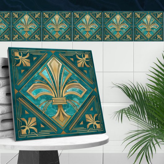Art Deco Fleur-de-lis - Aquamarijn en goud Tegeltje