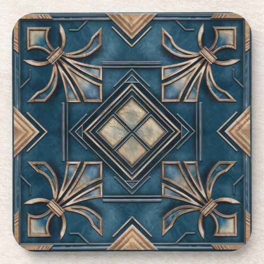 Art Deco Fleur-de-lis - Blauw en goud Bier Onderzetter (Voorkant)