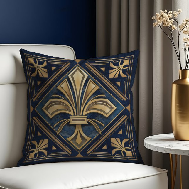 Art Deco Fleur-de-lis Blauw en goud Kussen (Creator heeft geüpload)