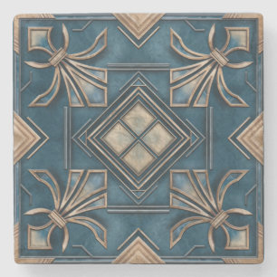  Art Deco Fleur-de-lis - Blauw en goud Stenen Onderzetter