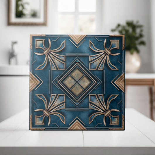  Art Deco Fleur-de-lis - blauw en goud Tegeltje