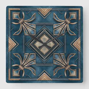  Art Deco Fleur-de-lis - Blauw en goud Vierkante Klok